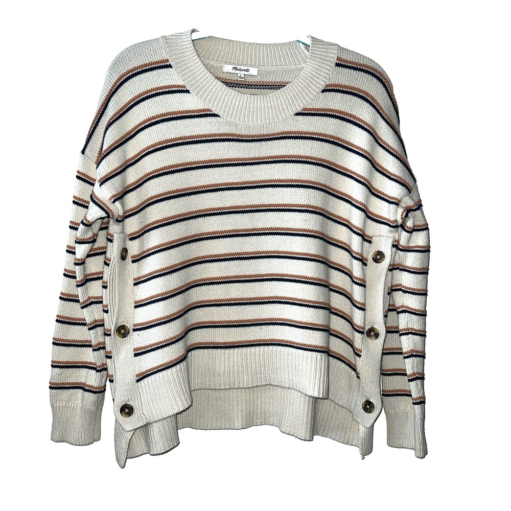 Madewell Striped Brownstone Side-Button Sweater Size Small Cotton Blend